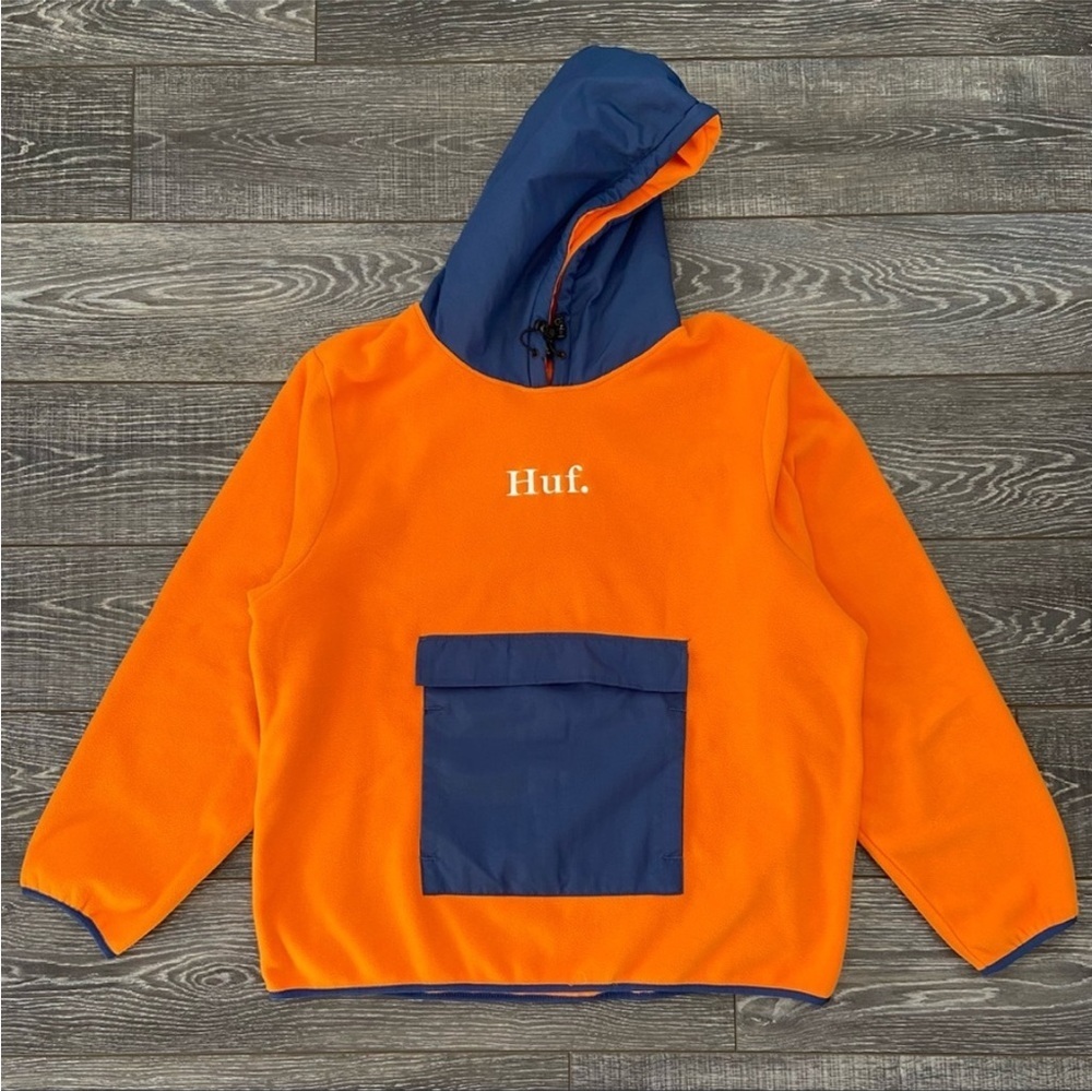 HUF Men’s Domestic Pullover Fleece in Orange and Navy Blue Size Large EUC
